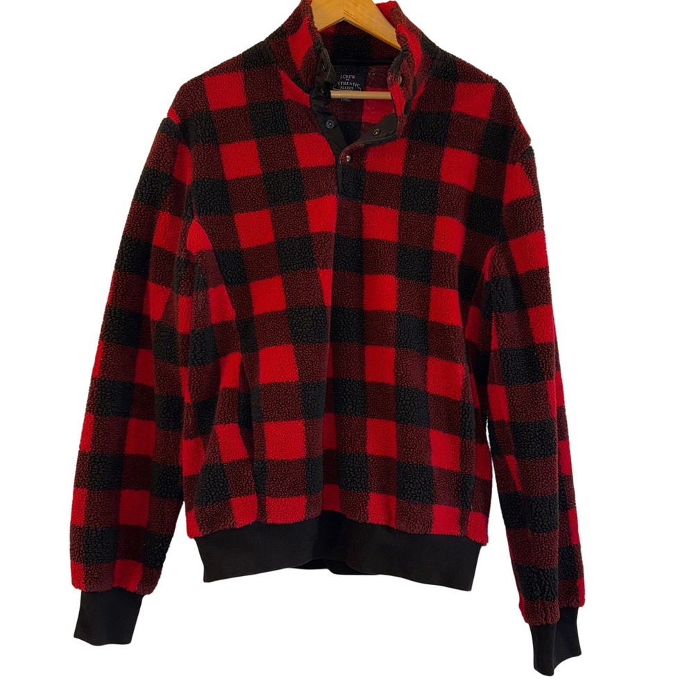 J. Crew Fleece Pullover Women Medium Red Black Excellent Buffalo Check F7680